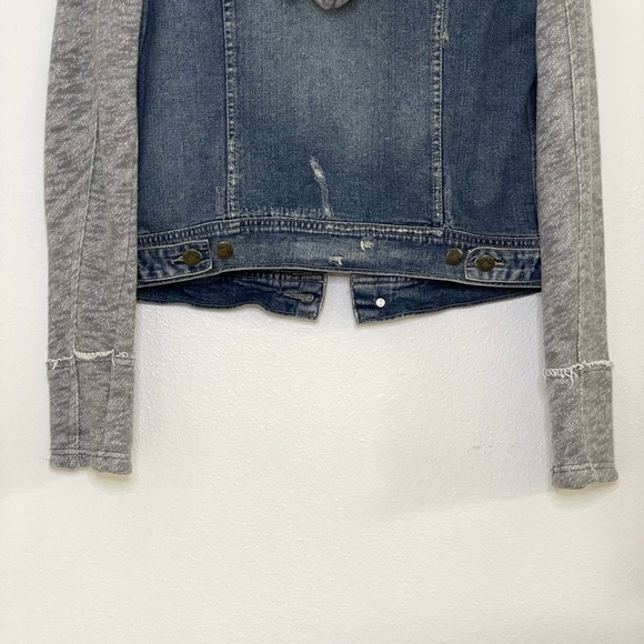 Free People Throwback Distressed Denim Knit Hooded Jacket Medium - Picture 9 of 16